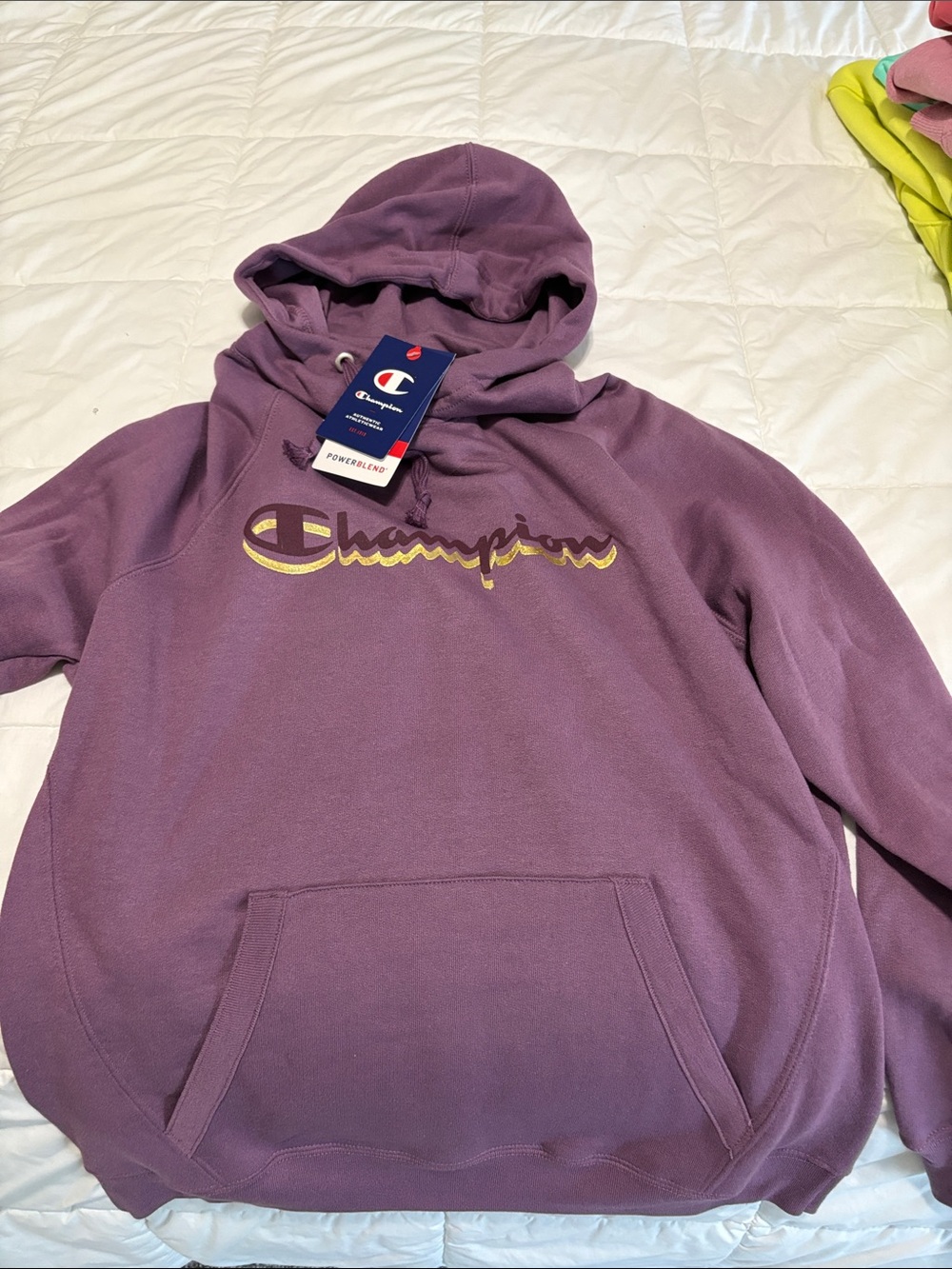 Champion Women’s Crewneck Hoodie in Purple with Gold Logo